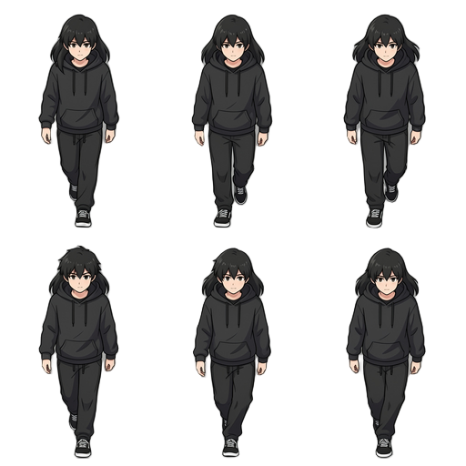 gere uma animação de caminhada completa com 8 frames, mostrando o personagem andando naturalmente. mantenha proporções, roupas, rosto e cabelo consistentes em todos os quadros.o cabelo liso deve balançar levemente durante a caminhada e as roupas devem apr
