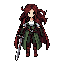 top down pixel art sprite, front view, jrpg style, black background. female with long dark auburn red hair and blue eyes. wearing a flowing dark red cape, white medieval shirt, dark green open front dress split over black pants, brown leather belt, long b