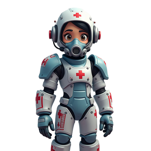 create a doctor character in a gas suit and gas mask. the character's arms are colored like steel armor with nurse symbols on the shoulders and chest in a side view.
