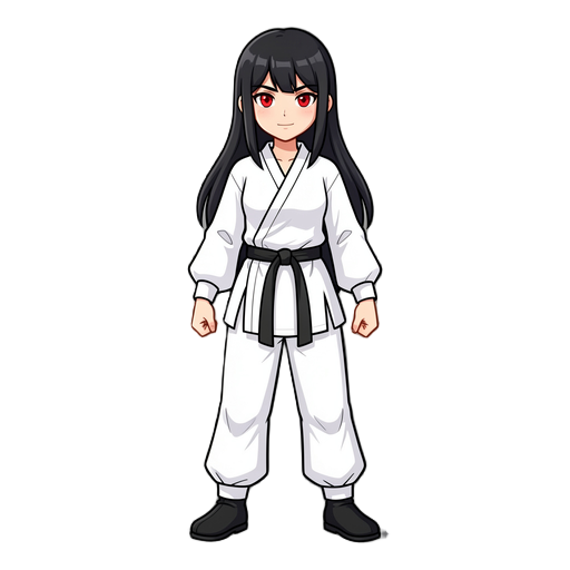 a female kung-fu fighter, with black long hair, red eyes, white martial artist outfit, black tai-chi shoes 
