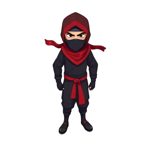 ninja isométric view, wearing a black clothes and a red scarf