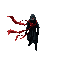 isometric view of a stealthy ninja clad in textured black shinobi attire, with a long, tattered red scarf flowing dynamically in the wind. the ninja is perched on a rain-slicked tiled rooftop of an ancient japanese temple at night. moonlight cuts through 