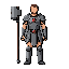 tall man with graves armor and a big hammer in you right hand. full plate gray and a red stone in middle of your chest. pixel art like a valkyrie profile of ps1