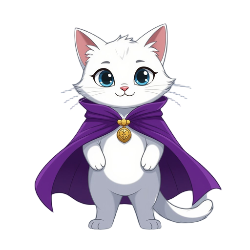 quero um gato branco fofo magro com um manto roxo que cobre seu corpo, ele não cobre a cabeça, ele parece ser um aventureiro, mas so tem o manto como vestimenta