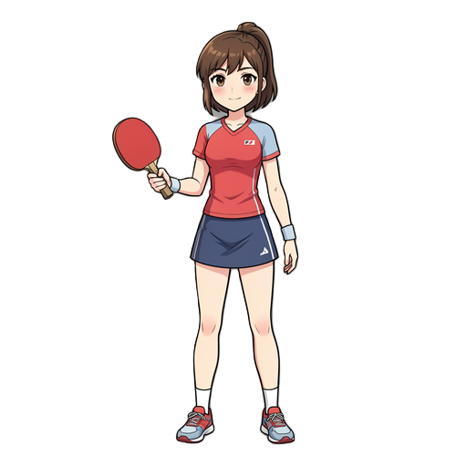 2d female ping-pong player sprite, idle pose, holding racket, sporty outfit, anime indie game style, full body, transparent background, game asset, clean outline, hd.