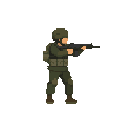a soldier with gun in ready to shoot pose , no front view only side view right. no outline, flat color, less detail