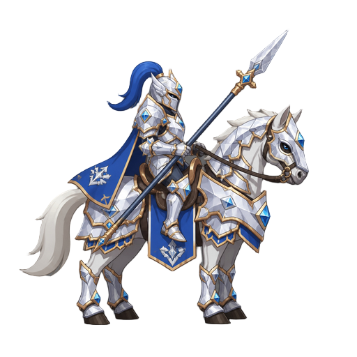 no front view only side profil view right . a knight on a horse  .white blue divine diamon armor ,with a spear 