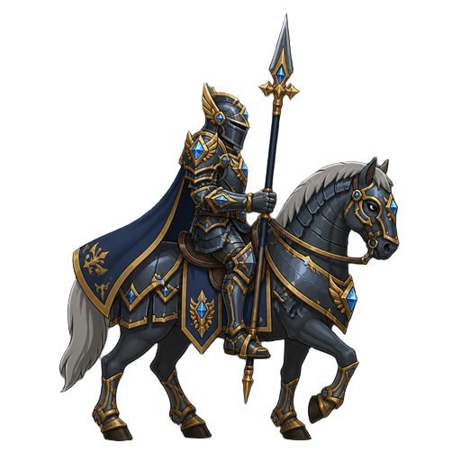 no front view only side profil view right . a knight on a horse  .dark gray blue divine gold diamon armor ,with a spear 