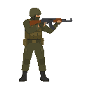 soldier with a ak-47, ready to shoot pose ( body turned 90 degrees , right) no outline, no shadow, no front camera view
