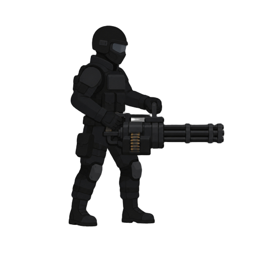 please noo front view , only side view right, a soldier with a minigun, black suit. in a ready to shoot pose . no outline no shadow 