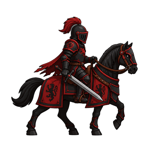no front view only side profil view right . a knight on a horse  .red and black armor ,with a sword 