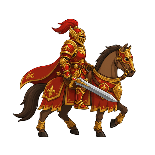no front view only side profil view right . a knight on a horse  .red divine gold armor ,with a sword 
