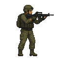 a soldier with a gun in a ready to shoot pose .look realistic .looking right 100% profil camera view. no outline 