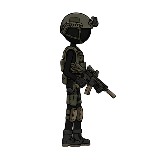 no front view, profil side view right , a stickman military armor. with a gun