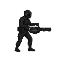 please noo front view , only side view right, a soldier with a minigun, black suit. in a ready to shoot pose . no outline no shadow 