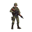 a soldier with a gun in a ready to shoot pose .look realistic .looking right 100% profil camera view. no outline 