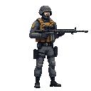 a swat with a gun in a ready to shoot pose .look realistic .looking right 100% profil camera view. no outline 