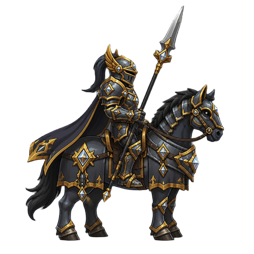 no front view only side profil view right . a knight on a horse  .dark gray divine gold diamon armor ,with a spear 