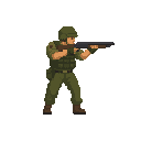a soldier with shotgun in ready to shoot pose , no front view only side view right. no outline, flat color, less detail