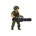 a soldier with minigun in ready to shoot pose , no front view only side view right. no outline, flat color, less detail