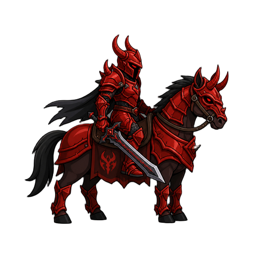 no front view only side profil view right . a knight on a horse  .red devil armor ,with a sword 