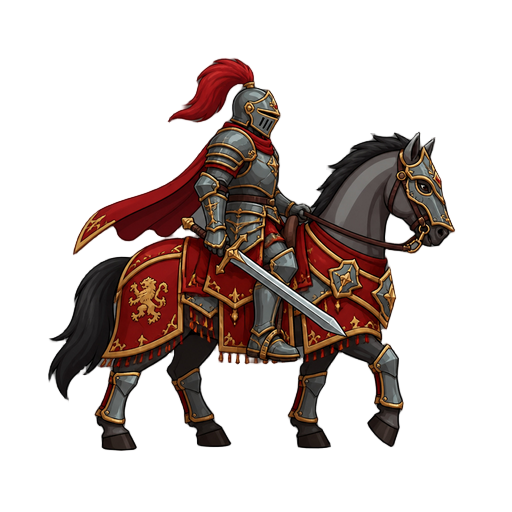 no front view only side profil view right . a knight on a horse  .red and gray luxurious armor ,with a sword 