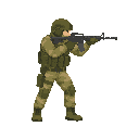 please noo font view , only side view right, a soldier with a gun in a ready to shoot pose . no outline no shadow 