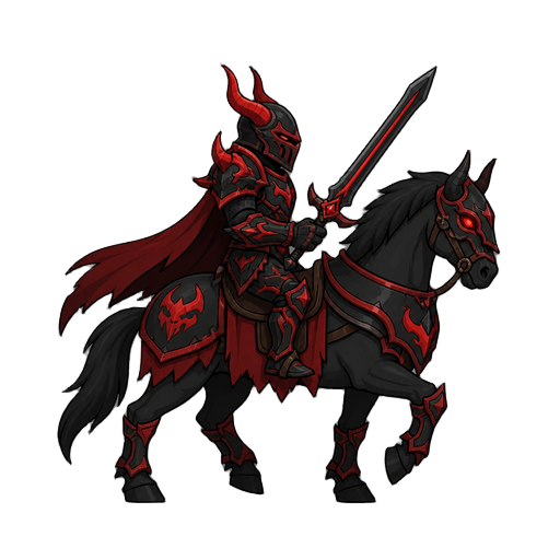 no front view only side profil view right . a knight on a horse  .red and black devil armor ,with a sword 