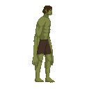 a titan from snk anime with shorts, long arms , green body ,no front view only side view in right . no outline ,flat color 