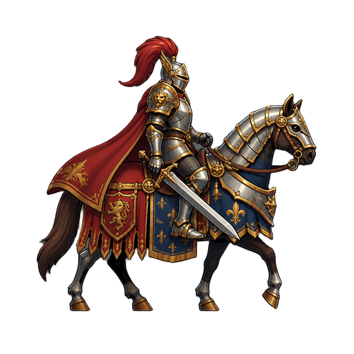 no front view only side profil view right . a knight on a horse luxurious armor with a sword 