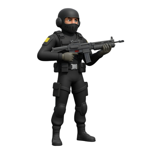 please noo front view , only side view right, a soldier with a minigun, black suit. in a ready to shoot pose . no outline no shadow 