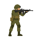 please noo font view , only side view right, a soldier with a gun in a ready to shoot pose . no outline no shadow 