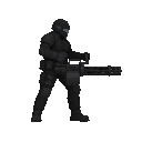 please noo front view , only side view right, a soldier with a minigun, black suit. in a ready to shoot pose . no outline no shadow 