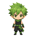 ninja extrem chibi style big head, green hair. front view. no outline 