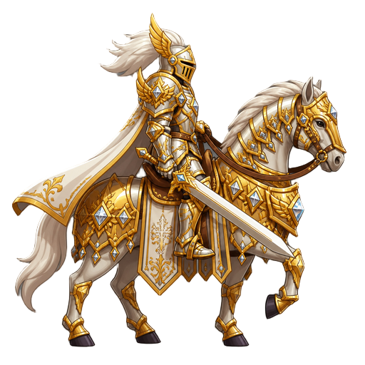 no front view only side profil view right . a knight on a horse  divine, gold and diamond armor ,with a sword 