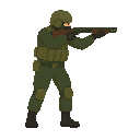 please noo font view , only side view right, a soldier with a shotgun in a ready to shoot pose . no outline no shadow 