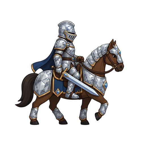 no front view only side profil view right . a knight on a horse  .diamond armor ,with a sword 