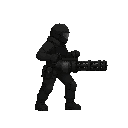 please noo front view , only side view right, a soldier with a minigun, black suit. in a ready to shoot pose . no outline no shadow 