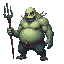 a realistic undead, fat monster with a trident. side view . no outline