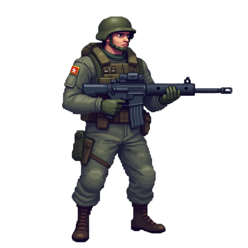 a soldier with a gun in a ready to shoot pose .look realistic .looking right 100% profil camera view. no outline 