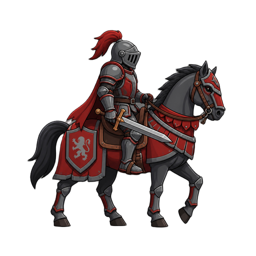 no front view only side profil view right . a knight on a horse  .red and gray armor ,with a sword 