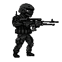 please noo front view , only side view right, a soldier with a minigun, black suit. in a ready to shoot pose . no outline no shadow 
