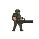 a soldier with minigun in ready to shoot pose , no front view only side view right. no outline, flat color, less detail