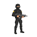 please noo front view , only side view right, a soldier with a minigun, black suit. in a ready to shoot pose . no outline no shadow 