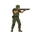 a soldier with a shotgun in a ready to shoot pose ,no front view only side view in right . no outline ,flat color 