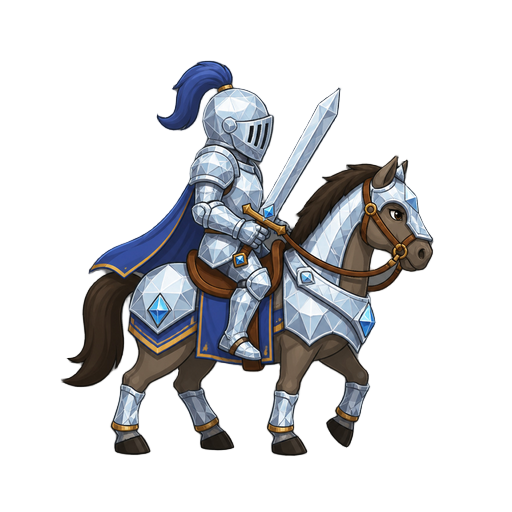 no front view only side profil view right . a knight on a horse  .diamond armor ,with a sword 