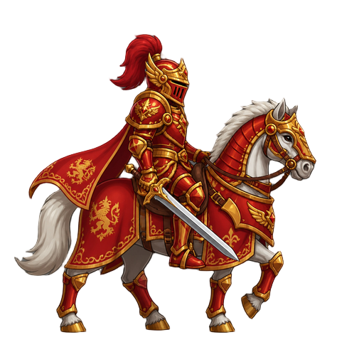 no front view only side profil view right . a knight on a horse  .red divine gold armor ,with a sword 
