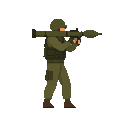 a soldier with rocket in ready to shoot pose , no front view only side view right. no outline, flat color, less detail