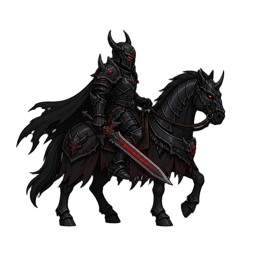 no front view only side profil view right . a knight on a horse  .dark devil armor ,with a sword 