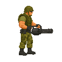 please noo front view , only side view right, a soldier with a minigun, in a ready to shoot pose . no outline no shadow 